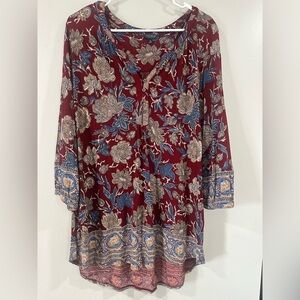 Lucky Brand Floral Burgundy and Blue Top size XL